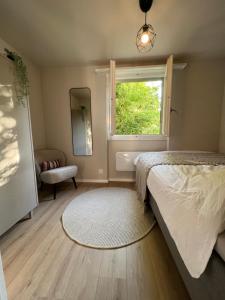 1 dormitorio con cama, ventana y alfombra en Haus Leopold, en Breiten