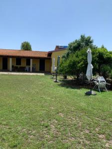 a yard with two umbrellas and a table and chairs at Agriturismo Da Patrizia in Simaxis