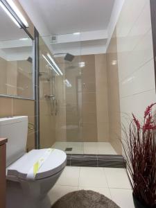 W łazience znajduje się przeszklony prysznic i toaleta. w obiekcie East View by DAT Apartments w Klużu-Napoce