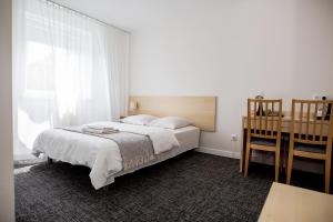 een slaapkamer met een bed en een groot raam bij Hotel Tomas in Šiauliai