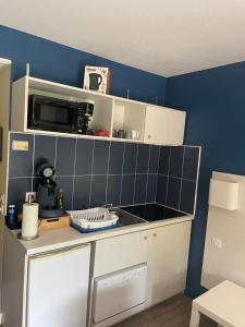 a small kitchen with a counter and a microwave at Studio meublé in Arles