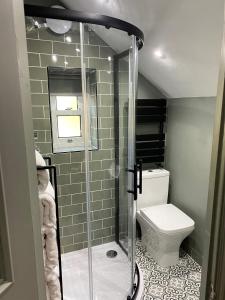 a bathroom with a shower and a toilet at Shelbourne House in Harrogate