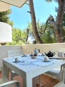 萊烏卡的住宿－Dimora dei pini，一张白色桌子,上面有蓝色的桌布