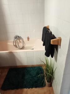 a bathroom with a tub and a green rug at Studio privatif in Guillestre