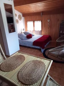 - une chambre avec un lit et 2 tapis sur une table dans l'établissement Studio privatif, à Guillestre