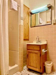 a bathroom with a sink and a mirror and a shower at Garden Grove Retreat & Lodging near Pictured Rocks, Fayette, Trails in Garden