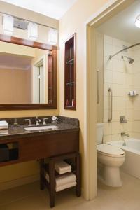 a bathroom with a sink and a toilet and a mirror at Chicago Marriott Oak Brook in Oak Brook