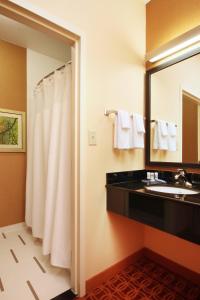 Fairfield Inn by Marriott Las Colinas في ايرفينغ: حمام مع حوض ومرآة