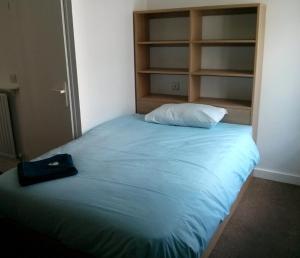 a bed with a pillow and a bag on it at Goldsmid House, Victoria in London