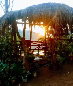 Blick auf eine Hütte mit Bäumen und den Sonnenuntergang in der Unterkunft Green Jungle " Cool view" in Ella