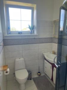 a bathroom with a toilet and a sink and a window at Apartment SAMANTA- self-checkin - near Jurmala, airport in Piņķi