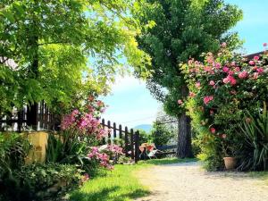 a garden with pink flowers and a fence at La Locanda dei Cavalieri Affittacamere in Lugagnano Val dʼArda