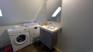 a bathroom with a washing machine and a sink at ENTRE LOIRE ET CHER Gîte "Le Nid Douillet" in Tour-en-Sologne