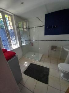 uma casa de banho com um chuveiro e um WC. em Las Cafourques Chambre d'Hotes em Ségalas