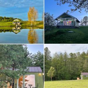 four different views of a house and a lake at ALANTOS ŽIRGAI Holiday Villas sauna or hottube additional price in Alanta