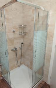 um chuveiro com uma porta de vidro na casa de banho em View apartment 2 em Katakolon