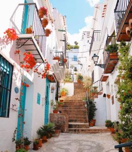 een steegje met trappen en potplanten bij Viajero del Sol El Morche Torrox Costa Málaga in Morche