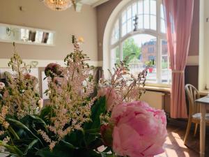 um vaso de flores cor-de-rosa num quarto com uma janela em Zum weißen Haus em Schwerin