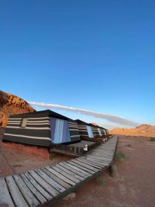 a row of tents sitting on a bench in the desert at Discover the life of Wadi Rum camp in Wadi Rum