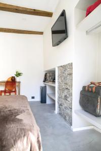 a bedroom with a fireplace and a tv on the wall at Ca Bussun in Domodossola