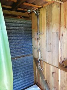 a shower in a wooden bathroom with a toilet at Lost Paradise - A night into the Alentejo! in Sabóia