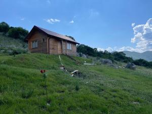 een klein houten huis op een heuvel in een veld bij Boljesestre Lake retreat in Golubovci