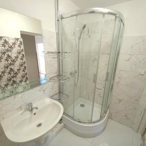 a white bathroom with a shower and a sink at Penzion Diana Máchovo jezero in Staré Splavy +69 photos