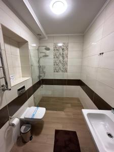 La salle de bains est pourvue de toilettes et d'un lavabo. dans l'établissement Hotel Merry Club, à Malyye Khutora