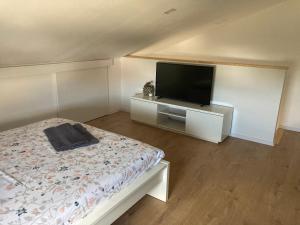 a bedroom with a bed and a flat screen tv at Apartman Hmelina in Vrsi