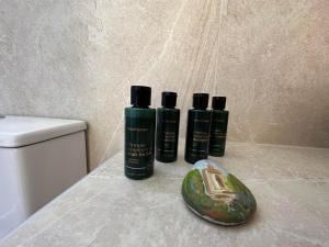 a group of three shampoo bottles sitting on a counter next to a toilet at Sea Side Apartments & Studios-Renovated in Tsilivi +76 photos