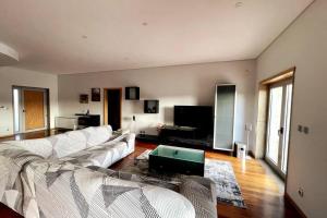 uma sala de estar com um sofá branco e uma televisão em Casa Castelhano - Minho Braga em Mire de Tibães