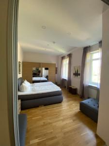 a large bedroom with a bed and a mirror at Park Villa Apartments in Bad Kissingen