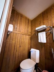 baño con aseo y paredes de madera en Golden Leather Carving Studio, en Leye