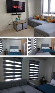 two pictures of a room with a bed and a television at 81 Newport,NAIA 3,Pasay Condotel in Manila