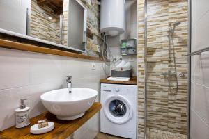 een badkamer met een wastafel en een wasmachine bij TouristFarm - apartments "RED FAIRYTALE" in Marezige