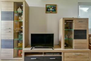 a entertainment center with a television in a living room at Rooms and Apartments Oregon in Budva