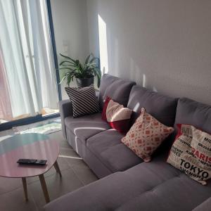 uma sala de estar com um sofá cinzento com almofadas em Joli nid douillet em Les Sorinières
