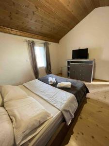 ein Schlafzimmer mit einem großen Bett und einem Fernseher in der Unterkunft Sunset view house in Lambiní