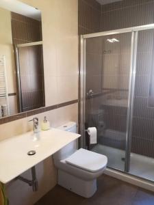 W łazience znajduje się prysznic, toaleta i umywalka. w obiekcie Casa con jardín en Rascafría w mieście Rascafría