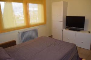 um quarto com uma cama e uma televisão de ecrã plano em Casa con jardín en Rascafría em Rascafría