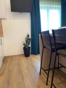 a kitchen with a table and two chairs and a plant at Apartments Maris in Umag