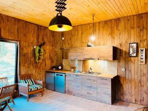 a kitchen with wooden walls and a stove top oven at Cottage in Racha Khoteura in Ambrolauri