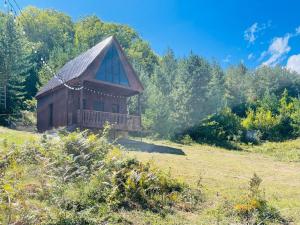 ein kleines Gebäude mit einem Dach auf einem Feld in der Unterkunft Cottage in Racha Khoteura in Ambrolauri