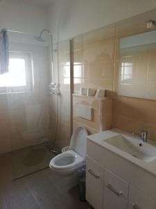 een badkamer met een toilet en een wastafel bij Casa luminoasa cu parcare gratuita la proprietate in Dumbrăviţa