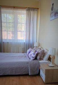 een slaapkamer met een bed en een groot raam bij Laguna House in Līči