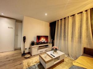 a living room with a couch and a tv at Évasion Parfaite in Chamonix