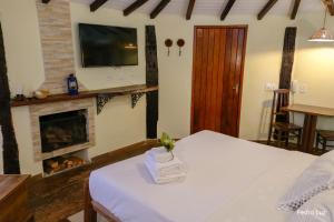 Habitación con cama, TV y chimenea. en Pousada Villa Luna, en Penedo