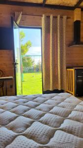 1 dormitorio con 1 cama grande y ventana grande en Room with private garden, en Shkodër