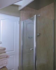 y baño con ducha y puerta de cristal. en Knysna River View Apartment, en Knysna