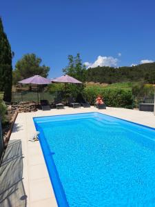 a blue swimming pool with chairs and umbrellas at Gite Charlrose at La Platriere in Cazedarnes